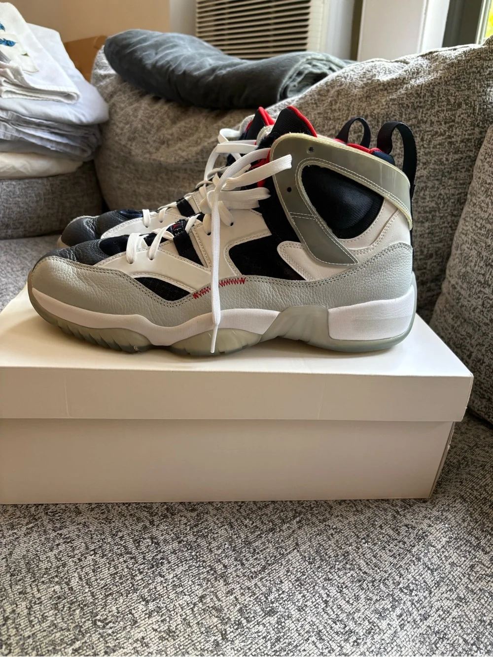 Jordan Kids High-Top Sneakers in White, Black & Gray with Red Accents